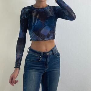 Blue Printed Mesh Top